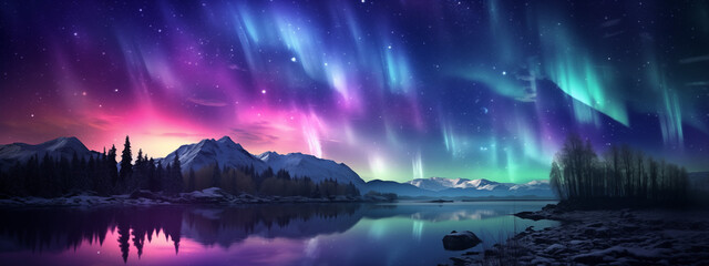 Tranquil Lake Under Starry Aurora Borealis Sky