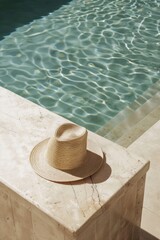 Fototapeta na wymiar a straw hat is sitting on a marble counter next to a pool