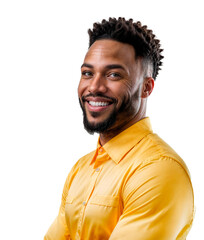 Fototapeta premium A man with a beard and short hair, wearing a yellow shirt and smiling while looking at the camera.