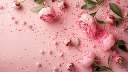 International Women's Day. A top-down image featuring pink peony rosebuds and sprinkles on a pastel pink background - obrazy, fototapety, plakaty