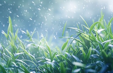 Fototapeta premium green grass over blue bokeh background