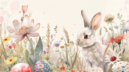 Watercolor illustration. Bunny with pastel colored Easter eggs and delicate wildflowers on white background. Charming springtime atmosphere. - 759644341