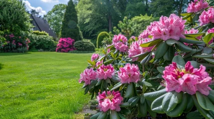 Fototapeten Beautiful bright background of a summer garden with a flowering pink rhododendron bush © olegganko