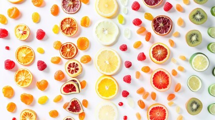 A colorful spread of dried fruits laid out on a clean white background