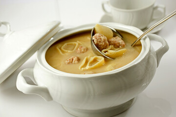 Galets soup with meatballs. Escudella. Typical from Catalonia, Spain.