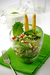 Mixed salad with cucumber sauce.