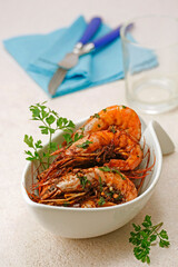 Prawns with chocolate. Typical recipe from Catalonia, Spain.