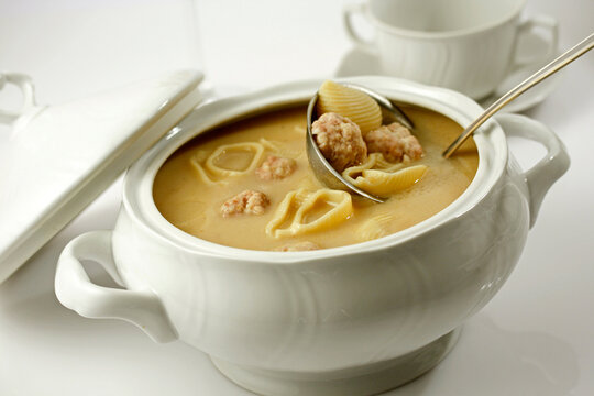 Galets soup with meatballs. Escudella. Typical from Catalonia, Spain.