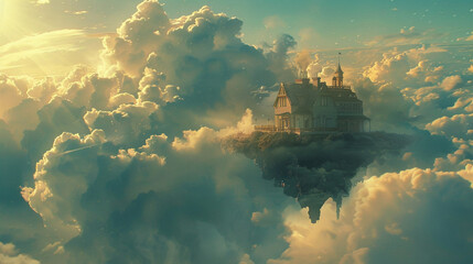 A fantasy house in the clouds, floating island surrounded by soft white and golden clouds