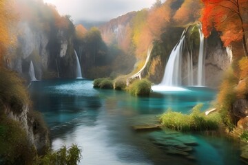 Amazing morning view of pure water waterfall in Plitvice National Park. Marvelous autumn scene of Croatia, Europe. Beauty of nature concept Generative AI - obrazy, fototapety, plakaty