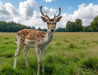 Naklejka na ściany i meble A curious deer with splendid antlers stands in a vibrant green field under a blue sky dotted with clouds