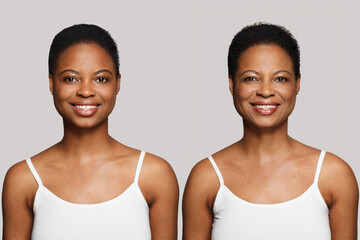 Cheerful smiling healthy young woman and senior women smiling on white background. Aging,...