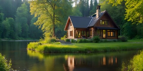 Fototapeta na wymiar Beautiful House in the middle of the forest, green nature, riverside, Sunrays on the house,