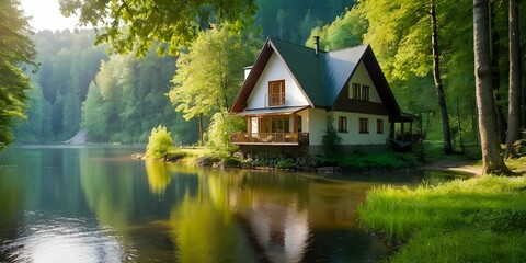 Fototapeta na wymiar Beautiful House in the middle of the forest, green nature, riverside, Sunrays on the house,