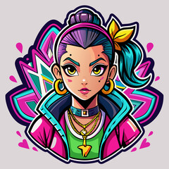 Naklejka na ściany i meble Sticker featuring a stylish girl with bold, graffiti-inspired accessories, exuding attitude and personality, ideal for adding edge to t-shirt designs