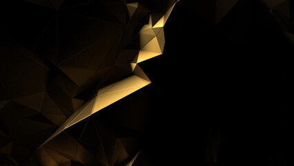 Abstract golden facets highlighted by light on black background. Abstract overlay background. Can be used as a texture or background for design projects, scenes, etc.
