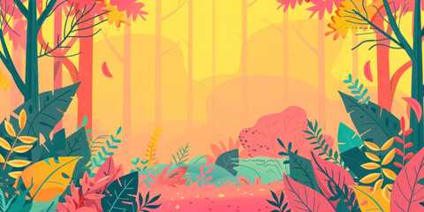 Illustration in trendy flat style, background with space for text, plants, leaves and forest landscape.