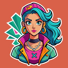 Sticker featuring a stylish girl with bold, graffiti-inspired accessories, exuding attitude and personality, ideal for adding edge to t-shirt designs