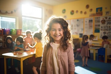 little girl smiling in a classroom full of kids
