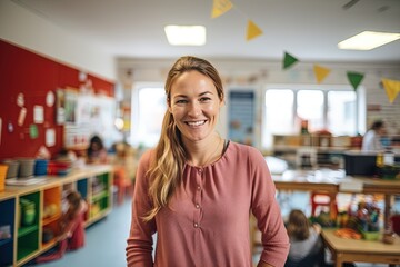 smiling female teacher in a classroom 
