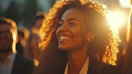 Happy woman with curly hair smiling in front of group of people during sunset