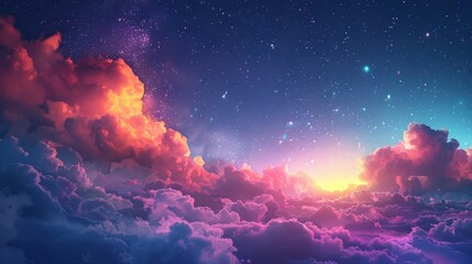 Beautifully illuminated night sky with colorful clouds and glowing stars - obrazy, fototapety, plakaty