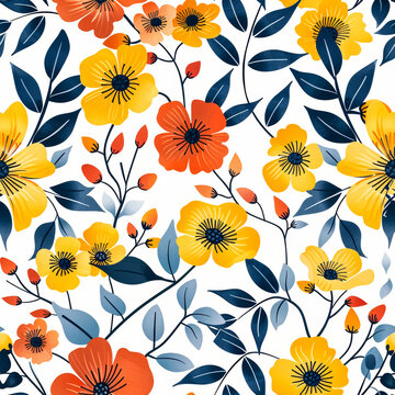 Seamless Floral Pattern.  Generated Image.  A digital illustration of a seamless, repeating floral pattern of yellow flowers and orange leaves.