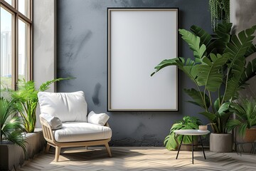 A beautiful canvas frame 3D mockup in modern living room, bed room, kitchen, bathroom interior