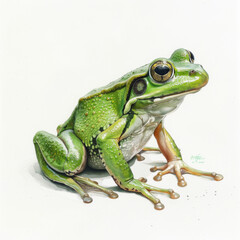 A vibrant green tree frog perched in a side view pose, artistically rendered on a white background.
