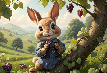 A rabbit holding a basket of grapes in the forest