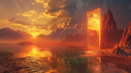 Door in the desert at sunset. Fantasy alien planet. Mountain and lake