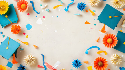 Background with colorful paper graduation caps and flowers and streamers are arranged on a white surface. The vibrant decorations create a festive and cheerful atmosphere - obrazy, fototapety, plakaty