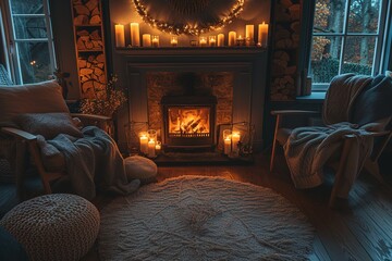 A cozy living room with a fireplace and chairs, the fireplace is lit by candles and the chairs are covered in blankets.