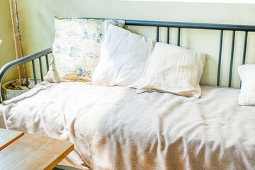 Pillows on a sofa in scandinavian living room interior with flowers in vase on wooden table,minimal style with eco friendly concept,a lot of plants and personal accessories in cozy home decor.