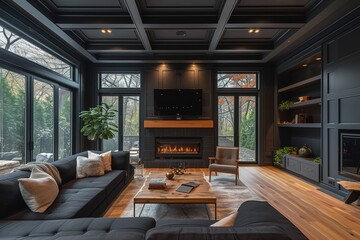 a living room with dark grey walls and wood flooring there is a large fireplace in the center of the room