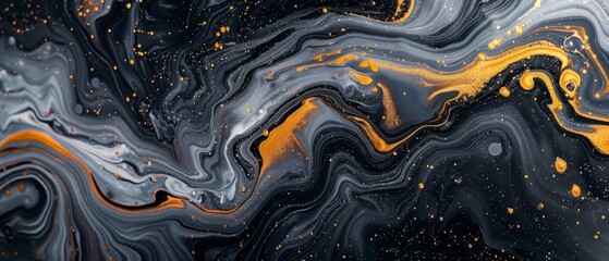 Abstract liquid marble floor with golden, brown, and dark grey and dark blue colors. Top view. Acrylic painting on canvas with gray glitter and gradient. Ink-beige backdrop with shiny wavy pattern