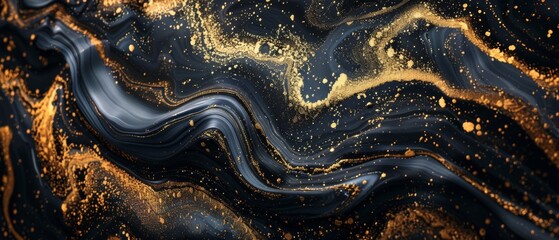Abstract liquid marble floor with golden, brown, and dark grey and dark blue colors. Top view. Acrylic painting on canvas with gray glitter and gradient. Ink-beige backdrop with shiny wavy pattern