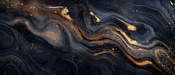 Abstract liquid marble floor with golden, brown, and dark grey and dark blue colors. Top view....