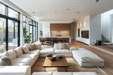 Fototapeta na wymiar A modern minimalist home interior design with clean lines, sleek furniture, and neutral color palette, featuring an open-concept living space connected to a spacious kitchen, bathed in natural light f