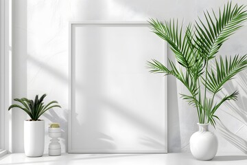 Empty Picture Frame on a Clean White Shelf with Elegant Green Houseplants in a Bright Minimalist Interior