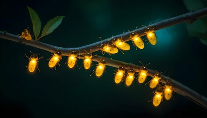 A Cluster Of Fireflies Gathered On A Branch