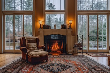 A lovely living room with a warmhearted atmosphere featuring a comfortable armchair in front of a crackling fireplace surrounded by tall windows glazed with sparkling