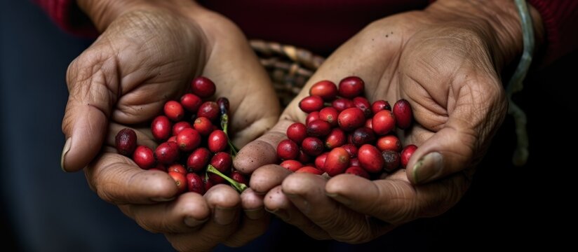 coffee berries in the hands of farmers, concept of farmers harvesting coffee berries