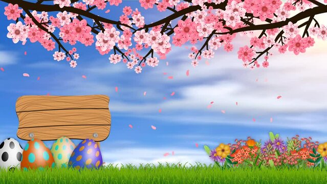 Easter holiday animation with colourful flowers on blur sky background. Happy easter blessings copy space.