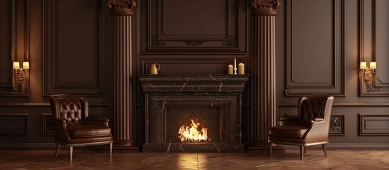Luxurious brown fireplace with decorative columns and lattice design, vintage home mantel with burning fire. - obrazy, fototapety, plakaty