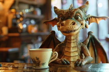 Dragon characterin a cafe with a cup of coffee in the morning. anthropomorphic animal