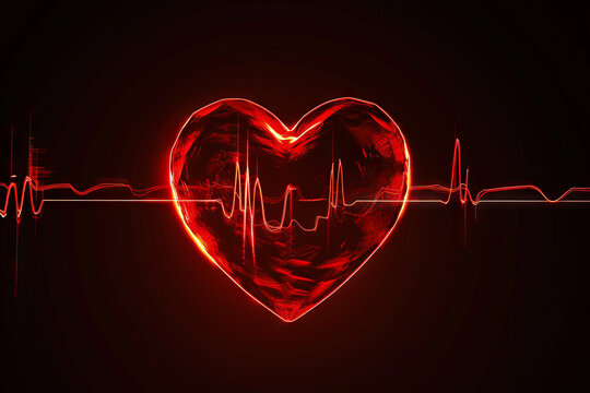 Abstract human heart shape with red cardio pulse line. Creative stylized red heart cardiogram with human heart on black background. Health, cardiology, cardiovascular diseases concept