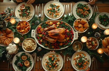 Overhead view of a dinner table laden with traditional holiday foods and decorations