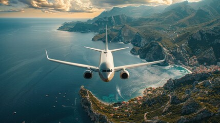 An airplane is departing from an airport, flying over stunning mountains and sea, showcasing the beauty of air travel - Powered by Adobe