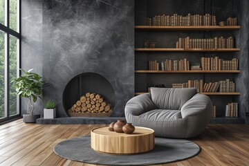 Barrel chair and round coffee table near grey corner fabric sofa against wall with fireplace and book shelves. Interior design of modern living room.